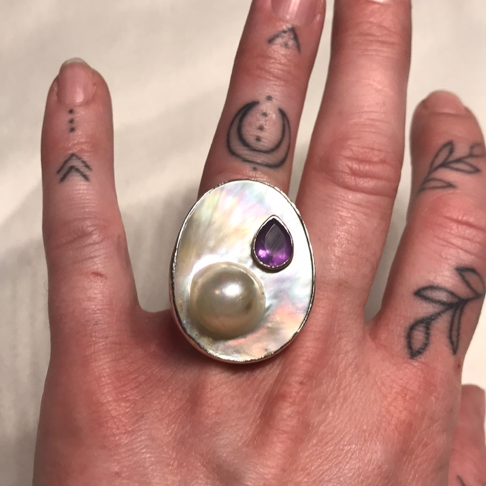 Sterling Silver, Pearl & Amethyst Ring